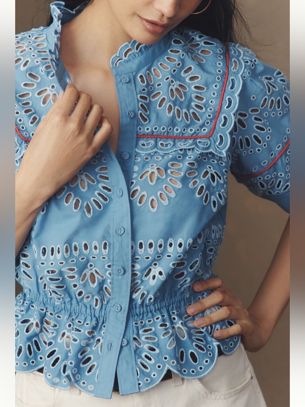 Anthropologie Coastal Scalloped Peplum Eyelet Blouse NWT Medium Blue - Picture 3 of 11